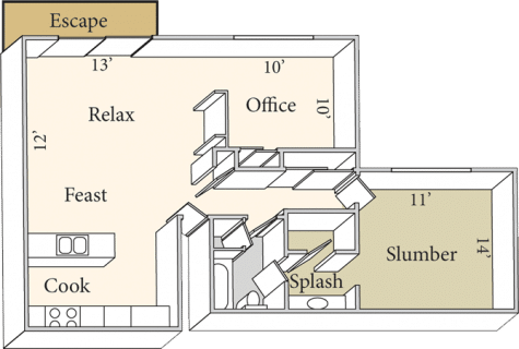 Floor plan for 2 beds, 1 bath, 900 sqft